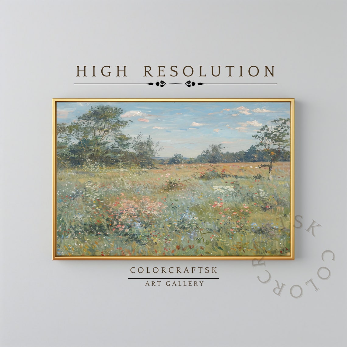 Vintage Landscape Meadow Oil Painting Wildflower Print Flowers Field Landscape Antique Cottage Decor Farmhouse Wall Art