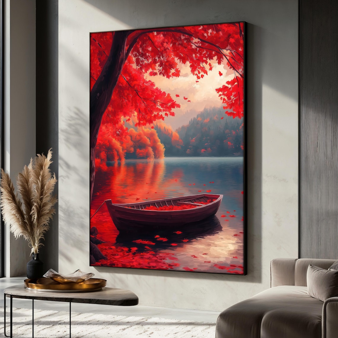 Red Autumn Lake Boat Painting, Serene Fall Landscape