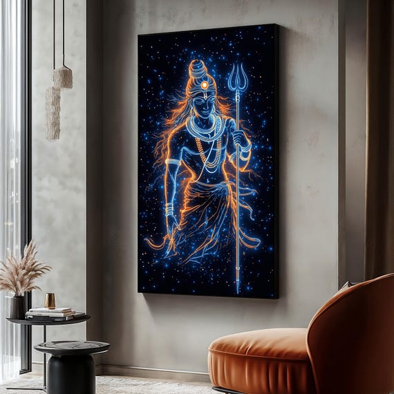 Lord Shiva Neon Glow Painting Hindu Deity Wall Art Cosmic Trident Decor Lord Shiva Poster Spiritual Energy Artwork Unique Gift