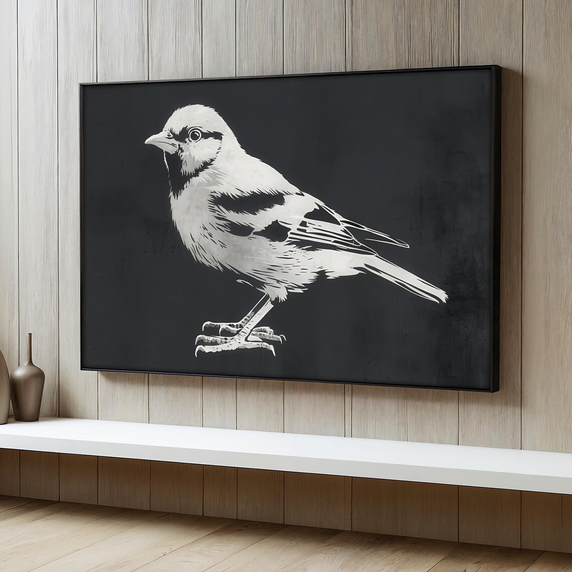 Black And White Bird Painting, Minimalist Nature Decor