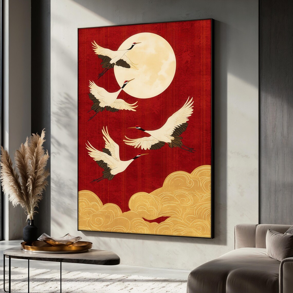 Japanese Crane, Red And Gold Moon Scene Art Print