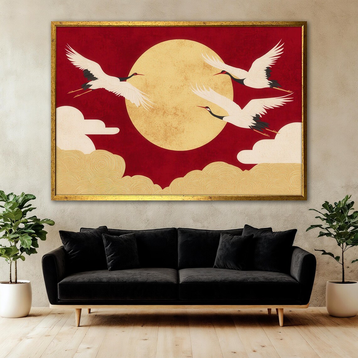 Japanese Crane Moon Scene, Minimalist Asian Wall Decor - Image 3