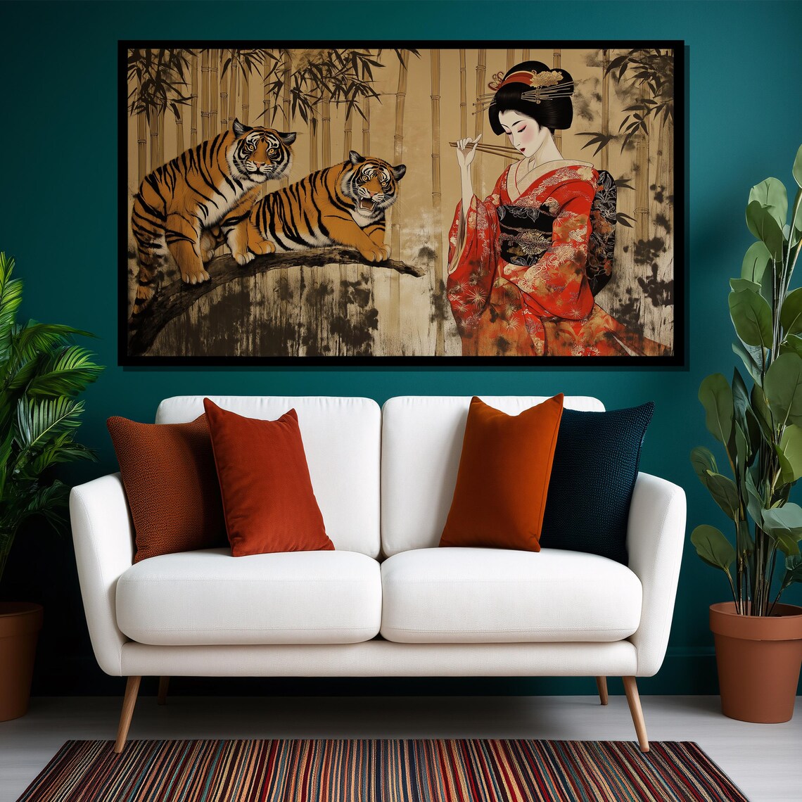 Japanese Geisha And Tigers, Bamboo Forest Art Print - Image 2