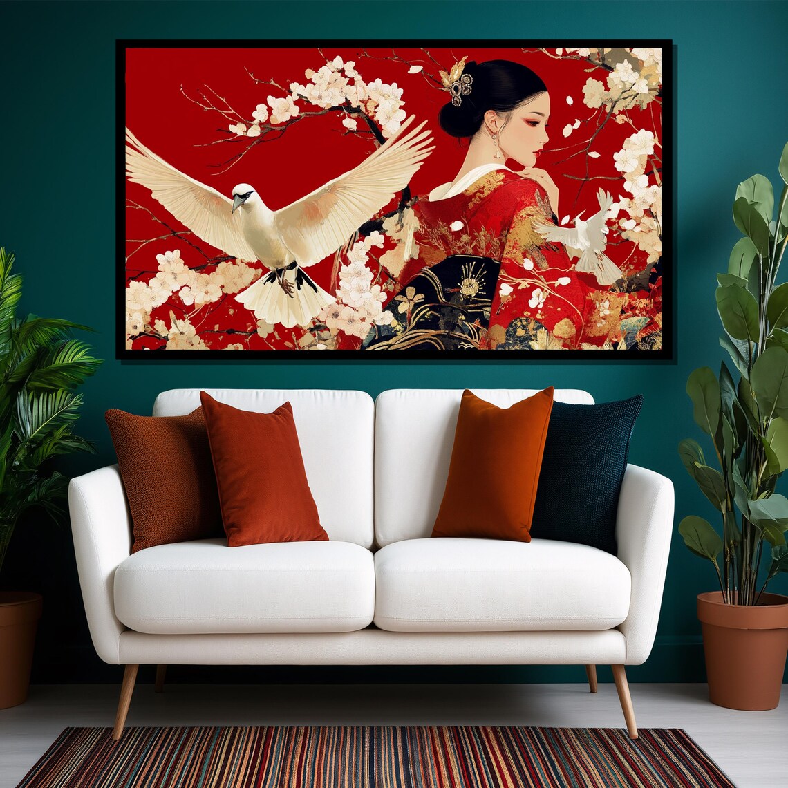Japanese Woman With White Birds, Elegant Asian Decor - Image 2