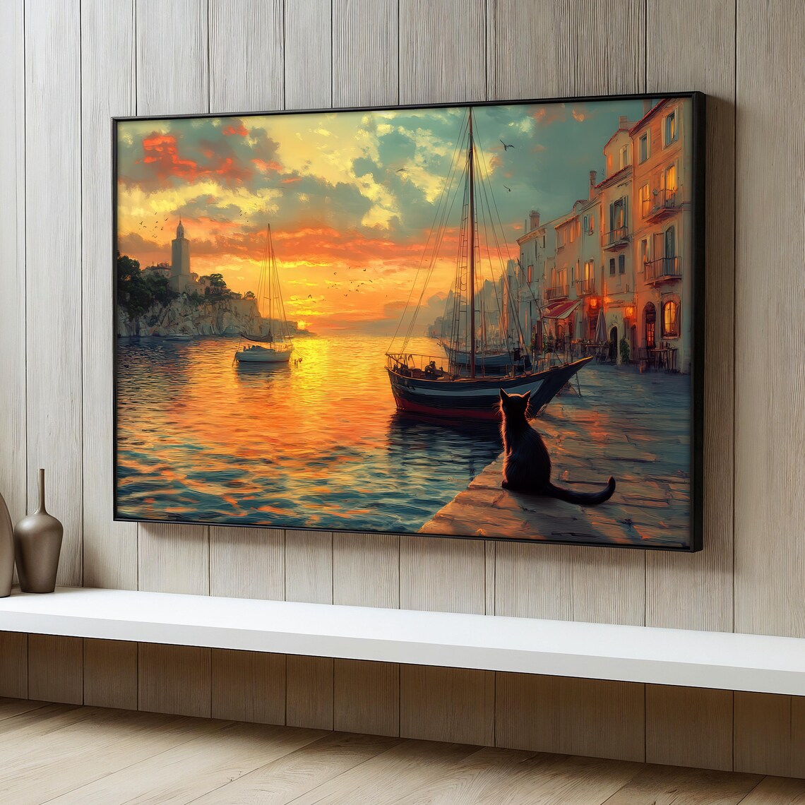 Sunset Harbor Cat Watching Sea, Mediterranean Decor