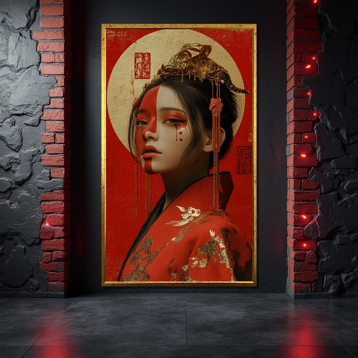 Red Chinese Imperial Woman Gold Phoenix Headdress Portrait Poster