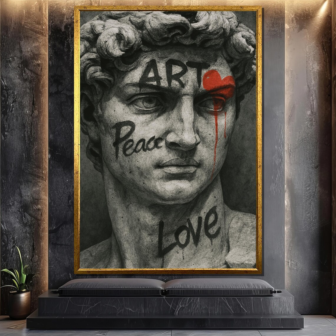 Graffiti Style David Sculpture, Peace Love Art Text
