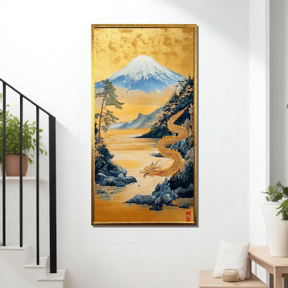 Golden Dragon and Mount Fuji Painting, Japanese Landscape