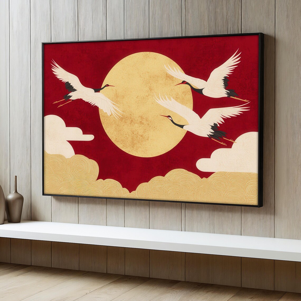 Japanese Crane Moon Scene, Minimalist Asian Wall Decor