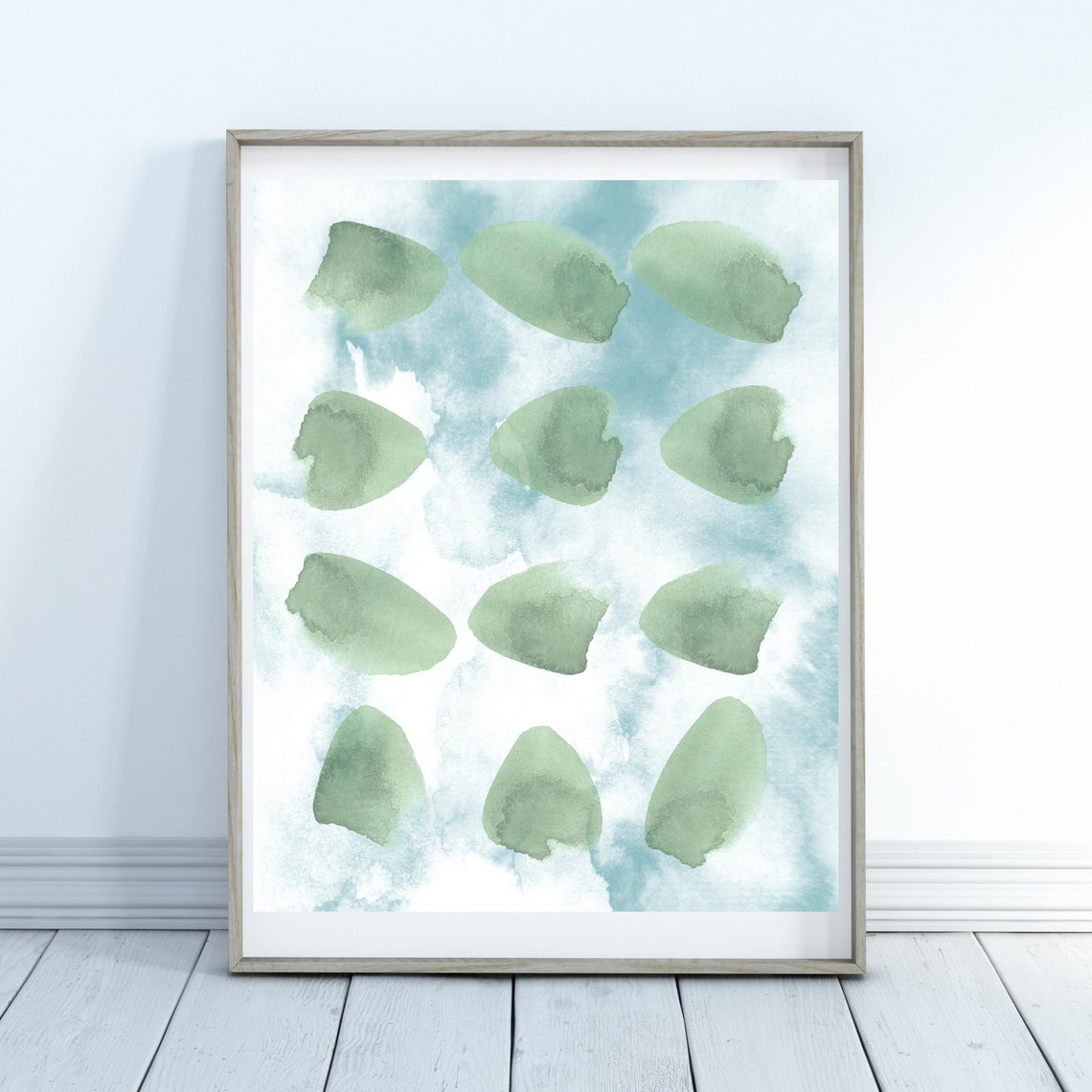 Green Watercolor Stones Poster Abstract Pebble Grid On Blue Wash