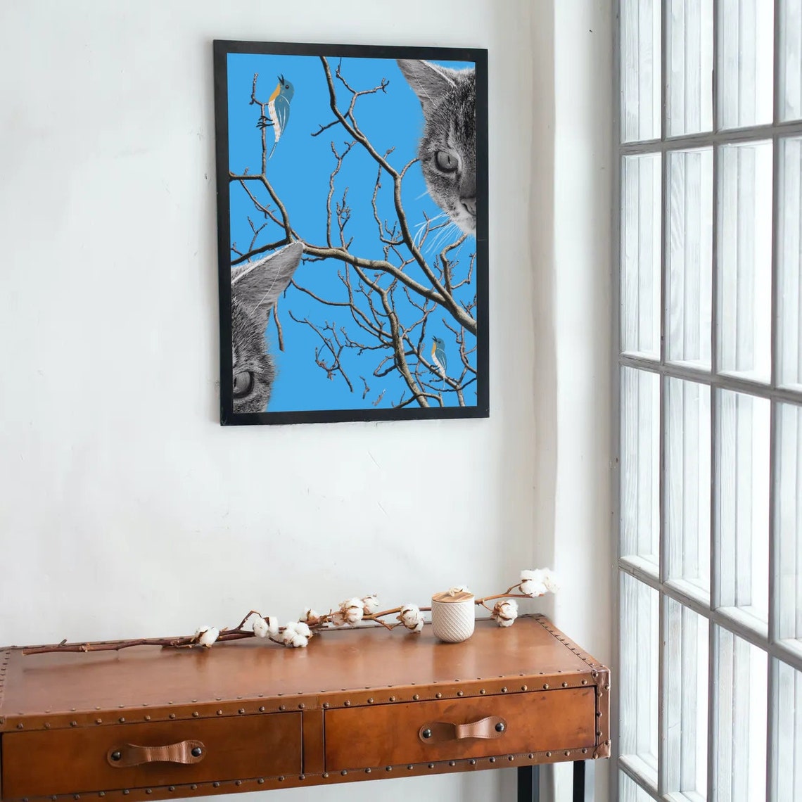 Curious Cat Watching Birds Poster Bold Blue Pop Art Collage Work - Image 2