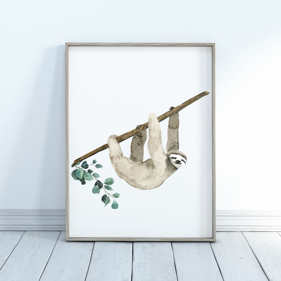 Watercolor Sloth Poster Hanging From Branch With Green Leaves