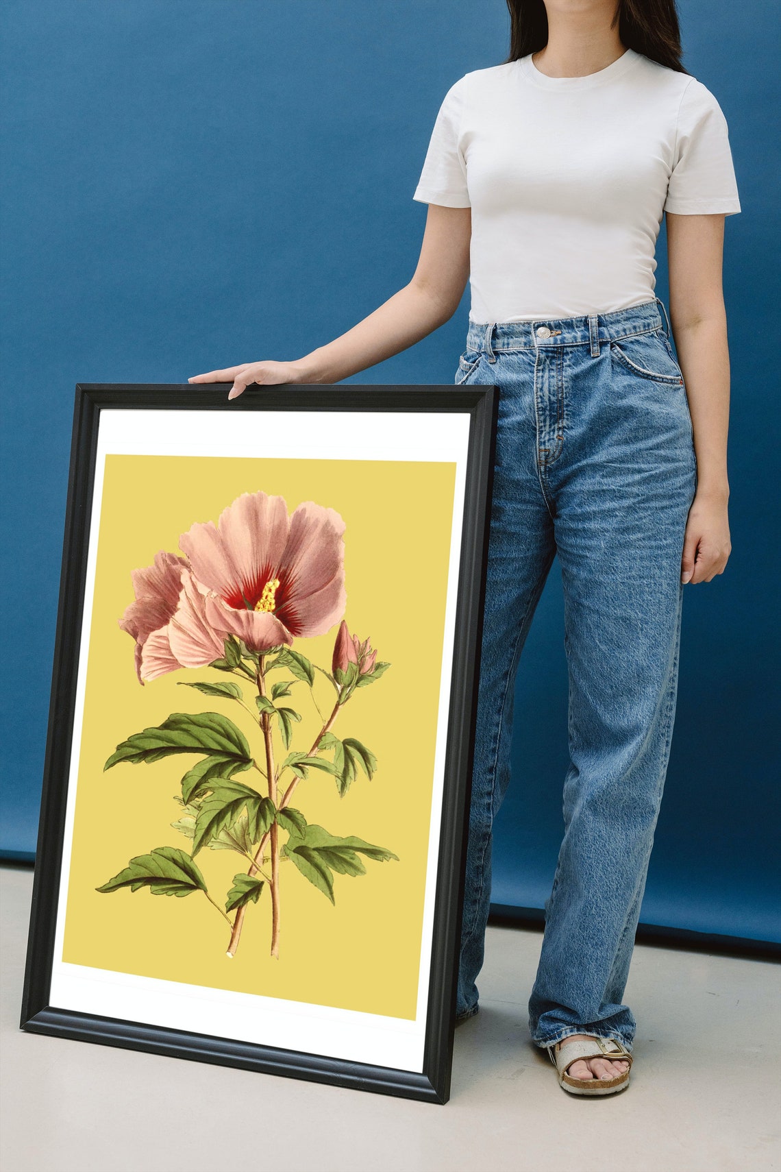 Vintage Hibiscus Flower Poster Botanical Art On Mustard Yellow - Image 2