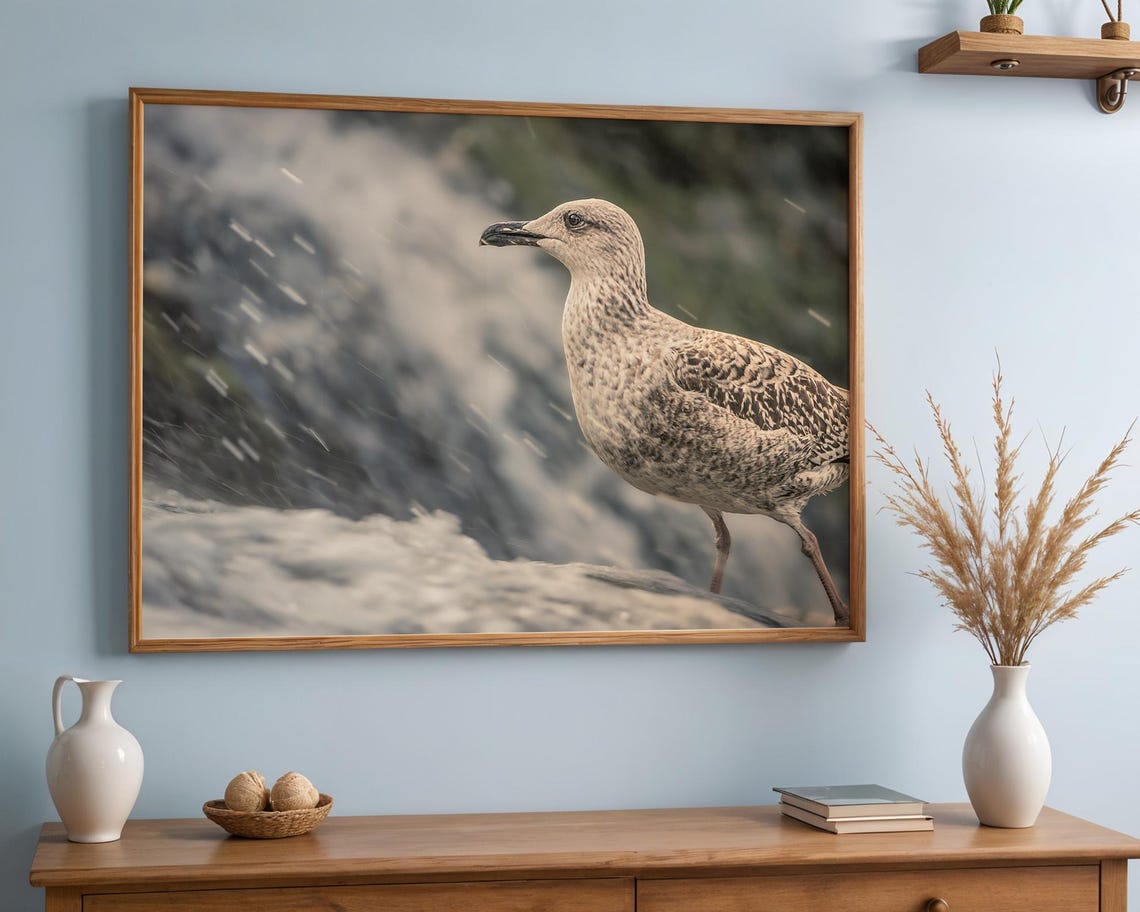 Tranquil Seagull By The Waterfall Nature Photography Wall Art Instant 5 Aspect Ratios