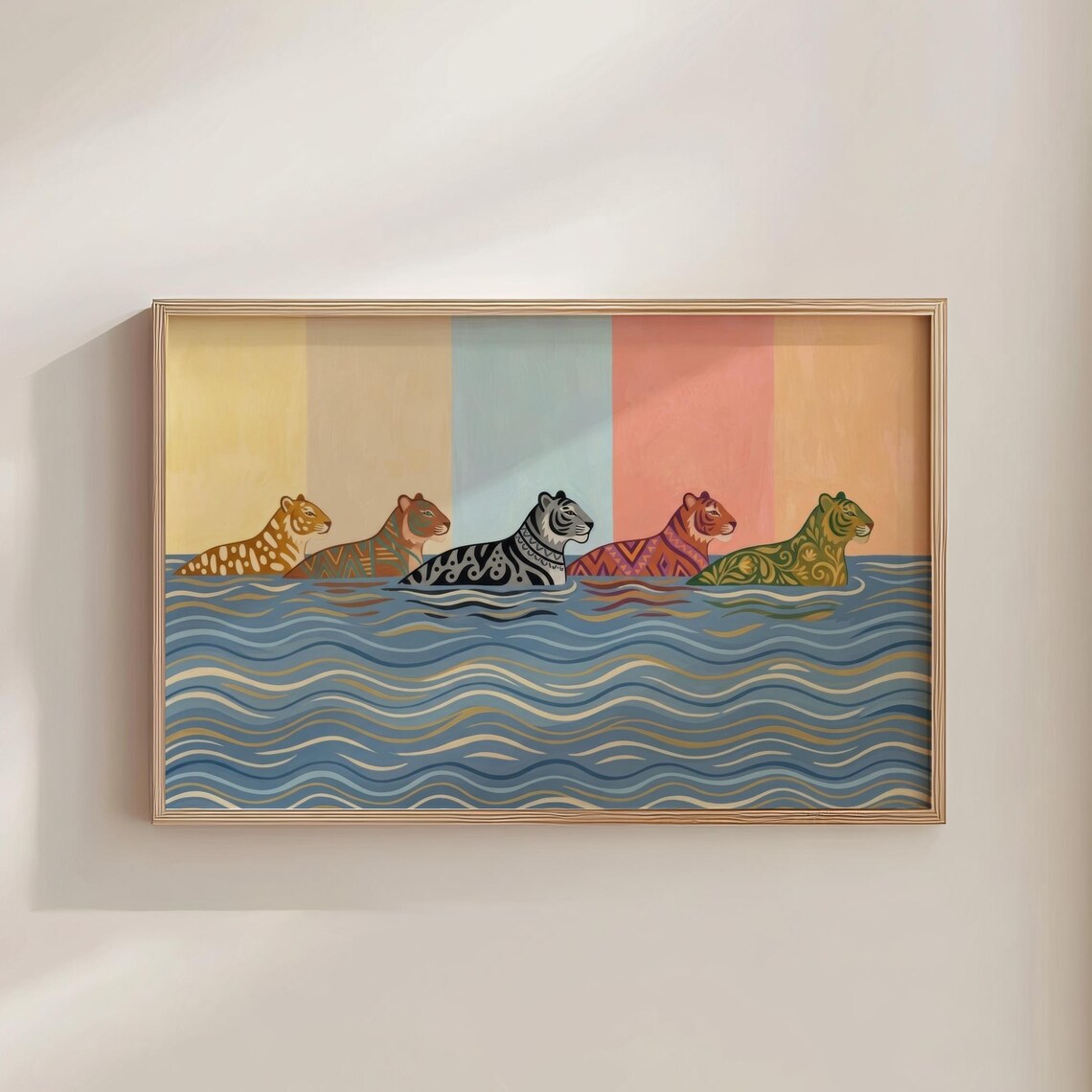 Five Folk Tigers Swimming Poster Colorful Jungle Cat River Art