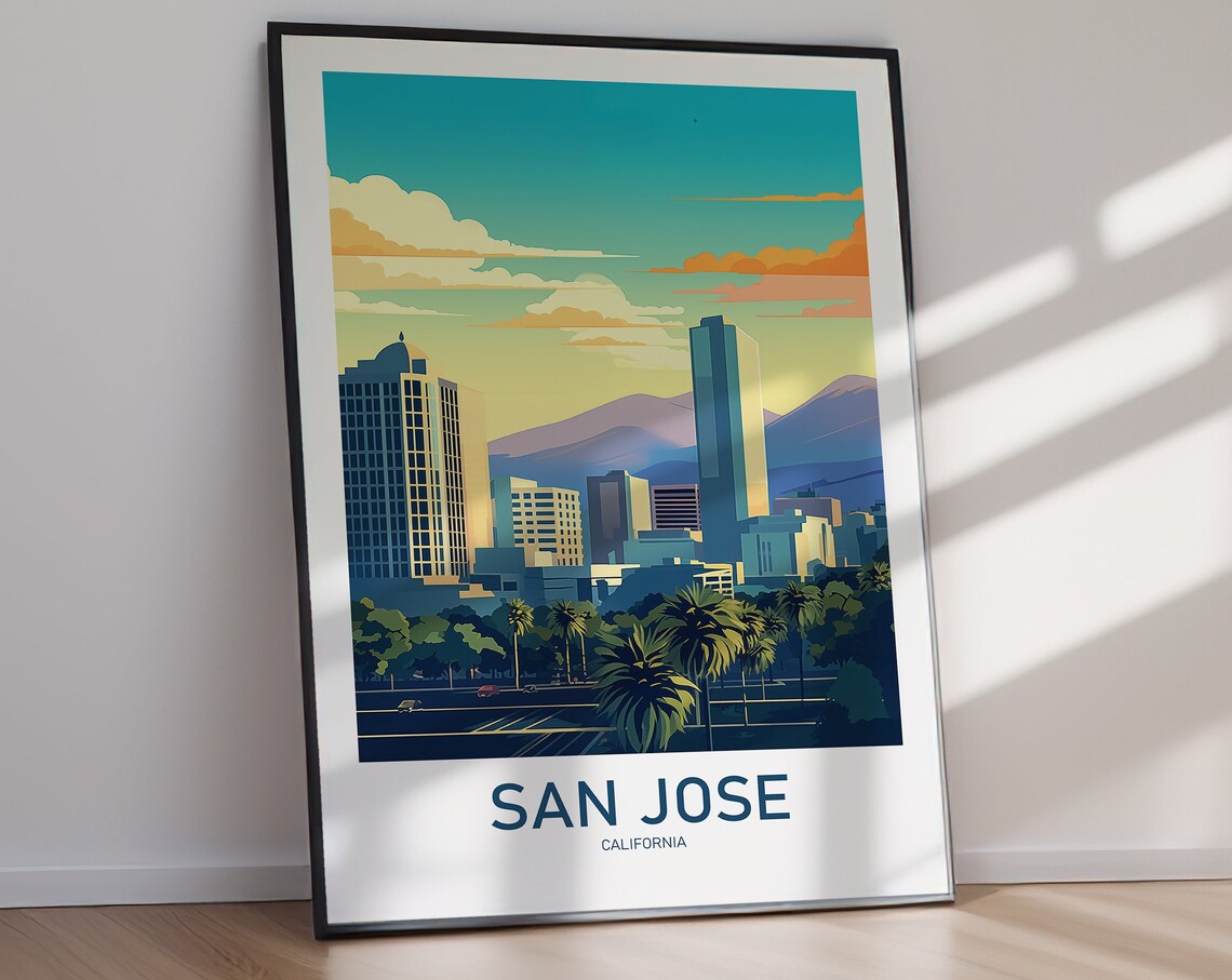 San Jose California Skyline Mountains Palms Vintage Travel Poster - Image 2