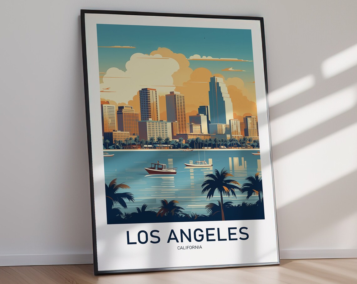 Los Angeles California Skyline Harbor Boats Coastal Travel Poster - Image 2