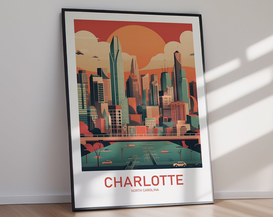 Charlotte North Carolina Skyline Sunset Bridge Art Travel Poster - Image 2