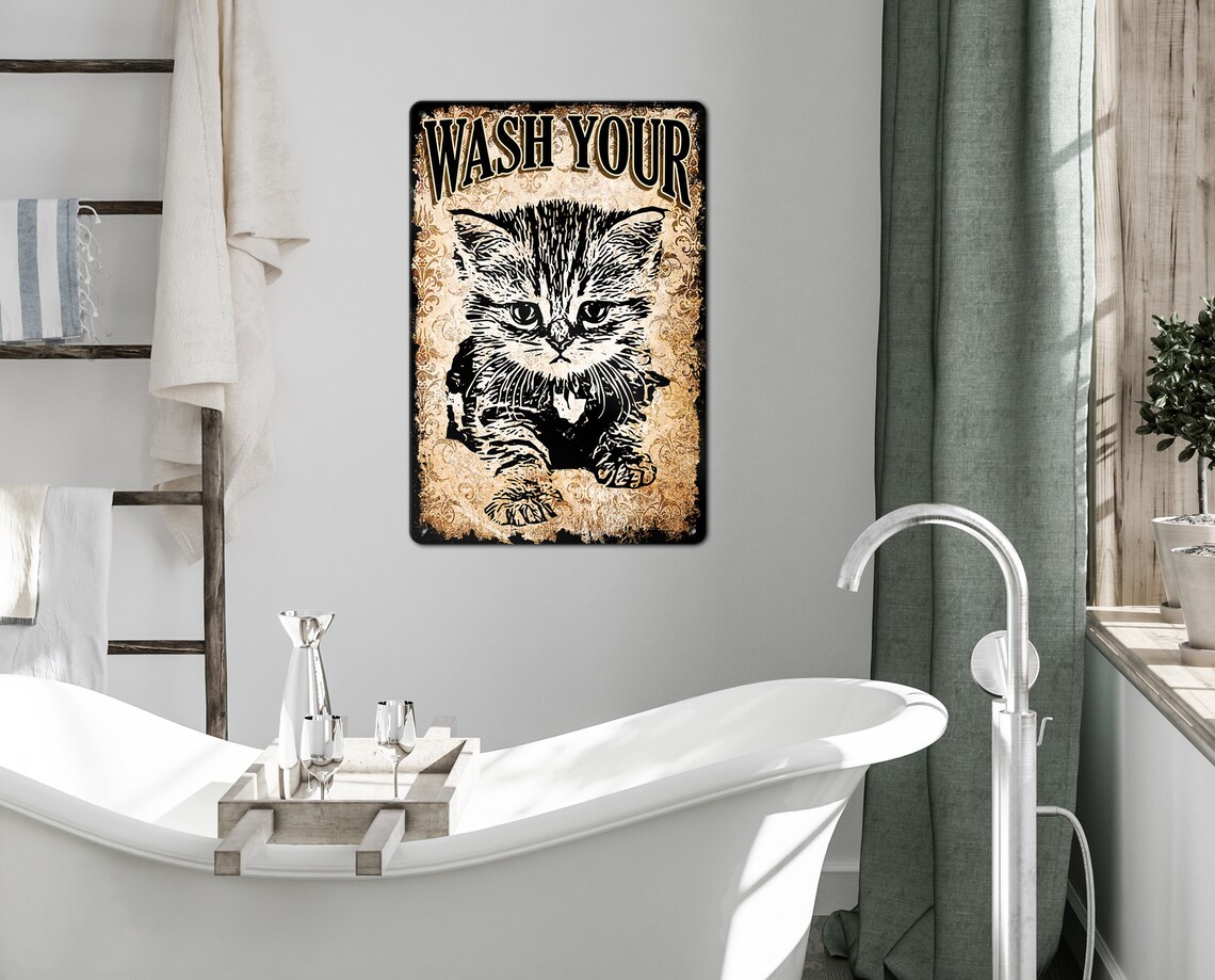 Wash Your Pussy Cat Vintage Bathroom Kitty Pun Poster - Image 4