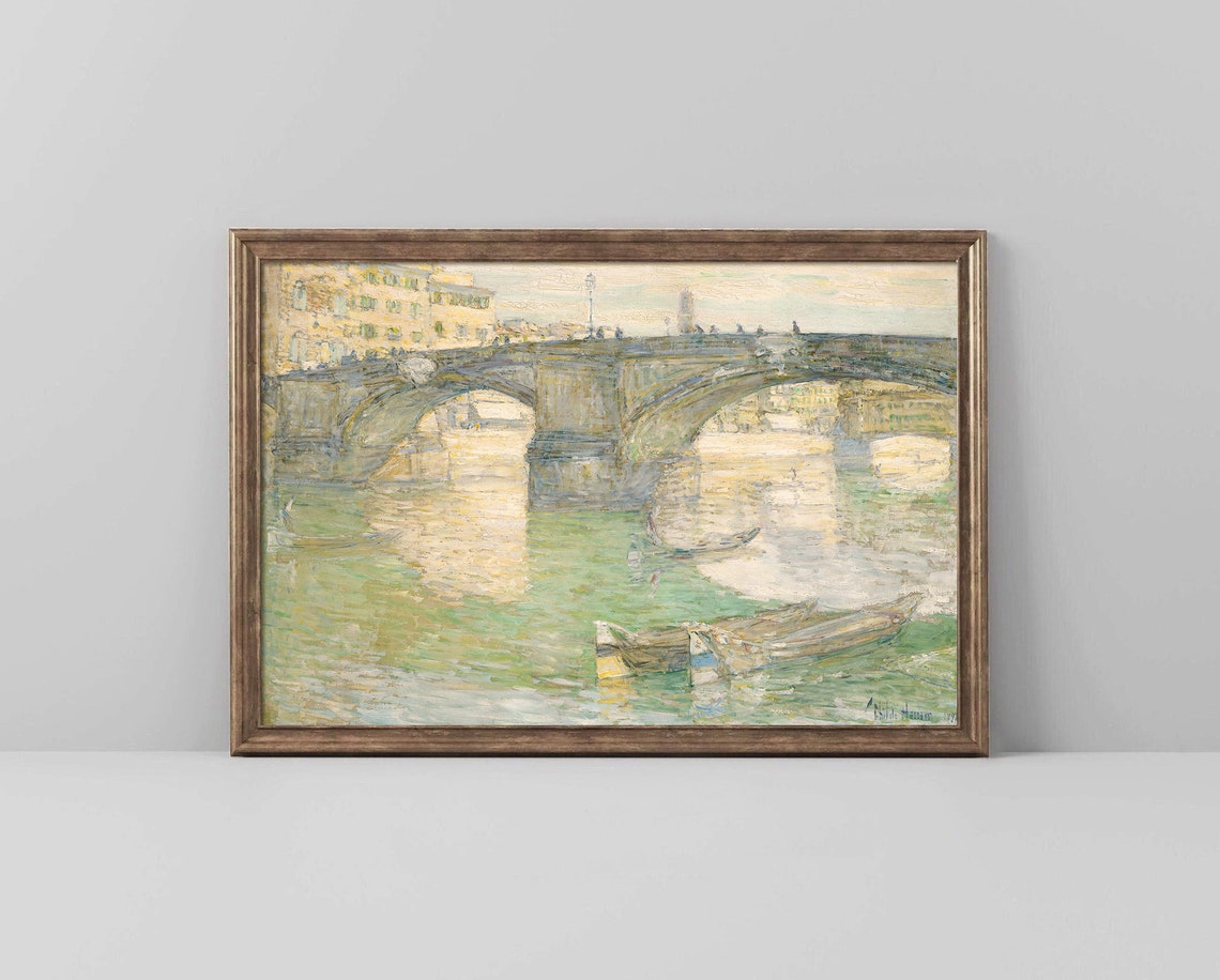 Impressionist Stone Bridge over River with Boats Painting Poster - Image 2