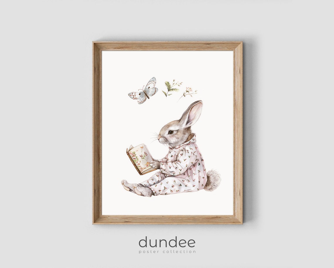 Bunny Reading Book Floral Pajamas Cute Nursery Animal Poster
