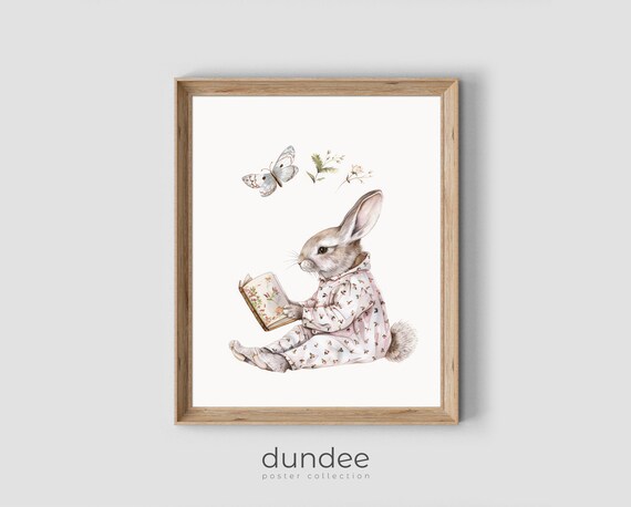 Bunny Reading Book Floral Pajamas Cute Nursery Animal Poster