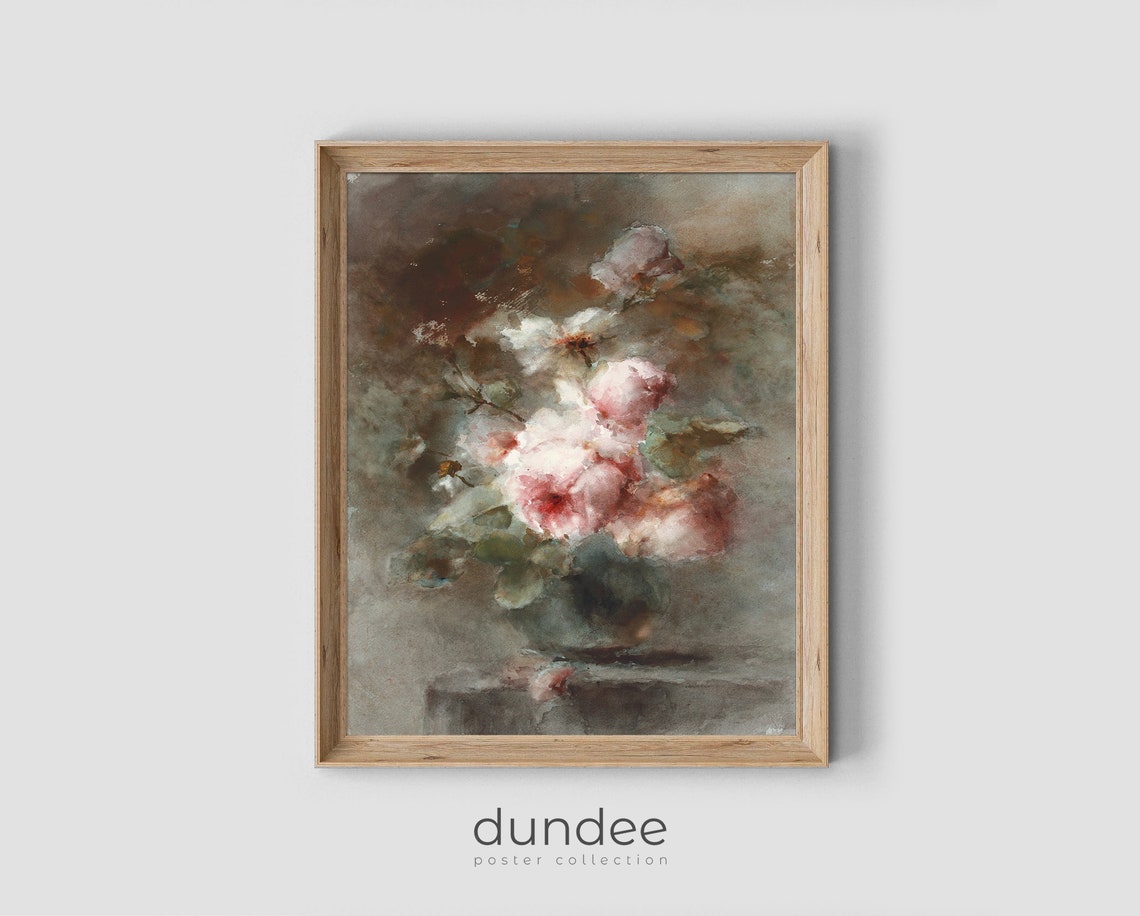 Blush Rose Bouquet in Dark Moody Floral Still Life Vintage Poster