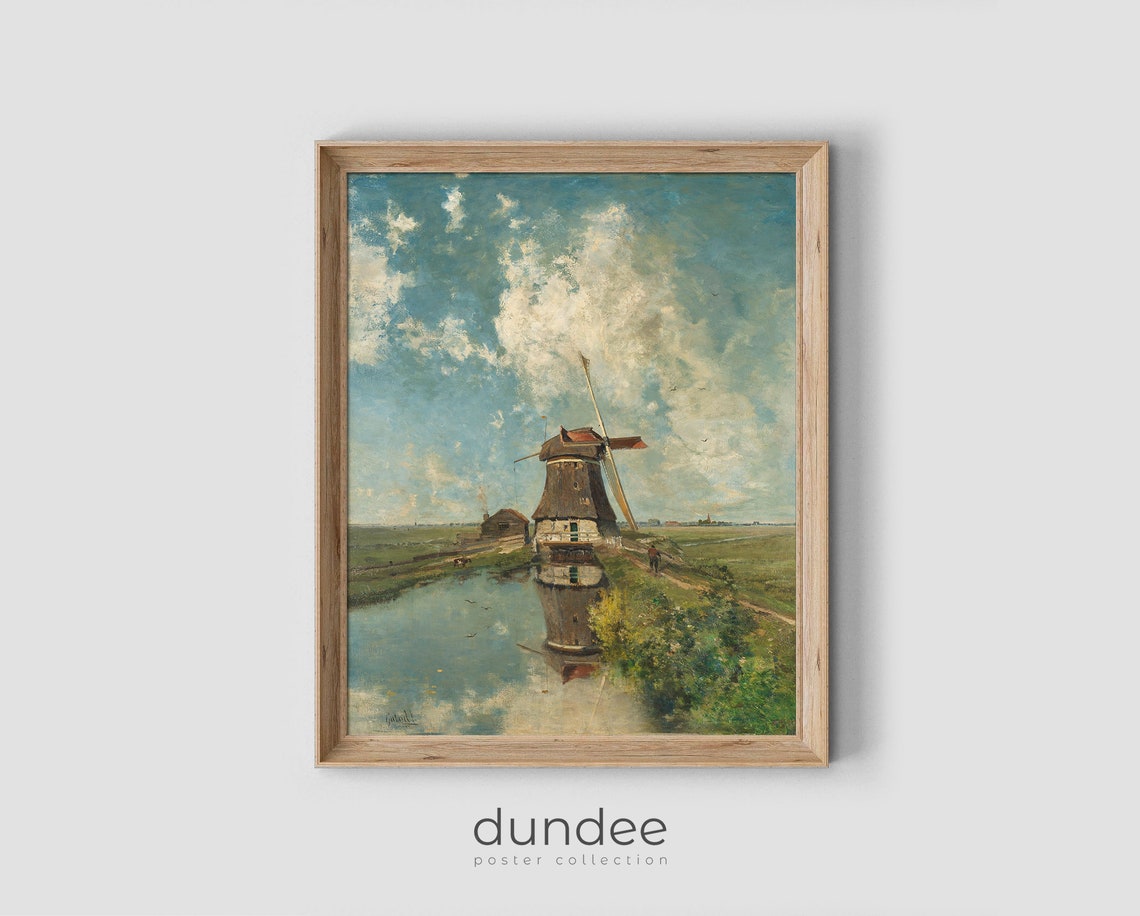 Old Windmill Reflected in Water Vintage Landscape Painting Poster