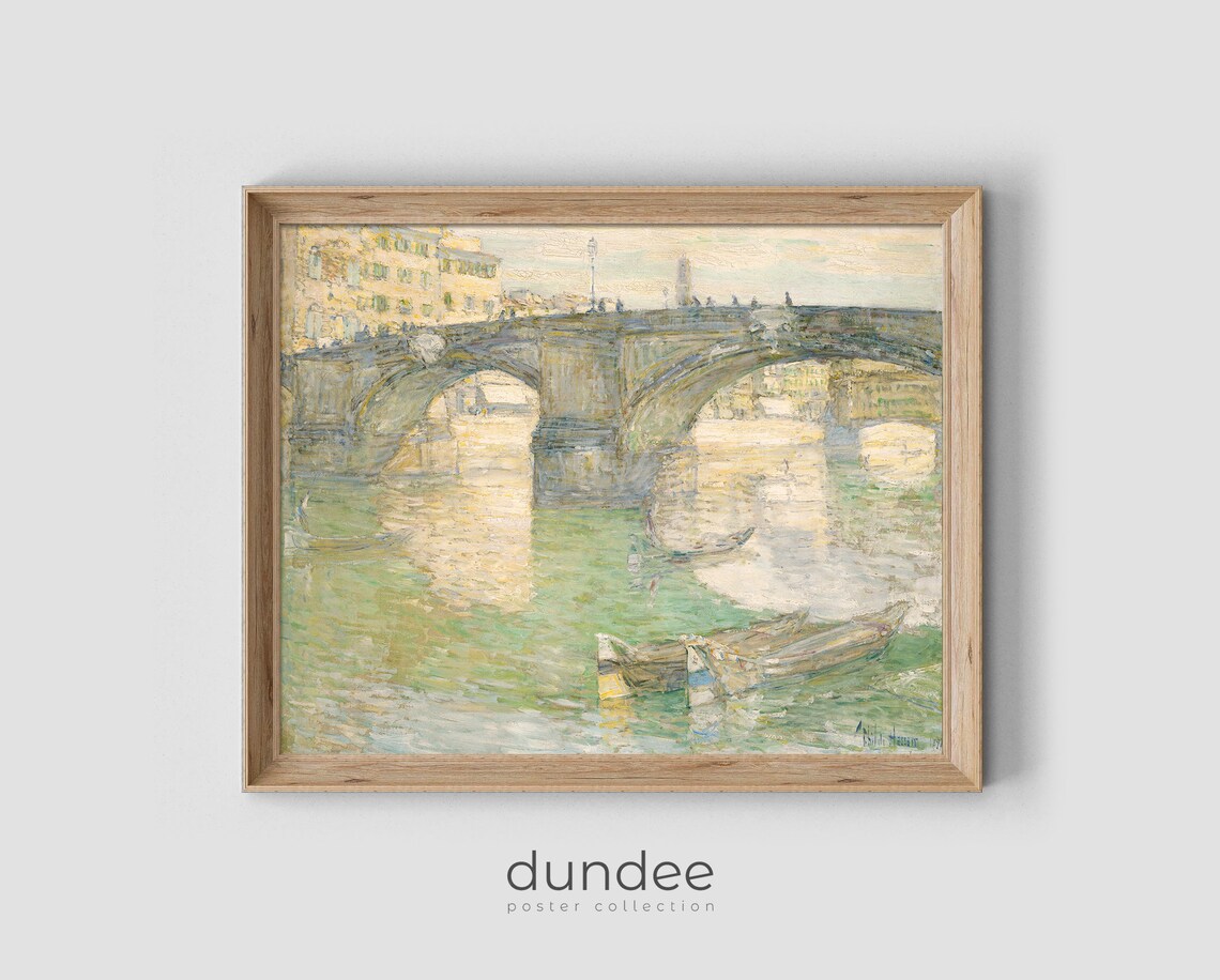Impressionist Stone Bridge over River with Boats Painting Poster