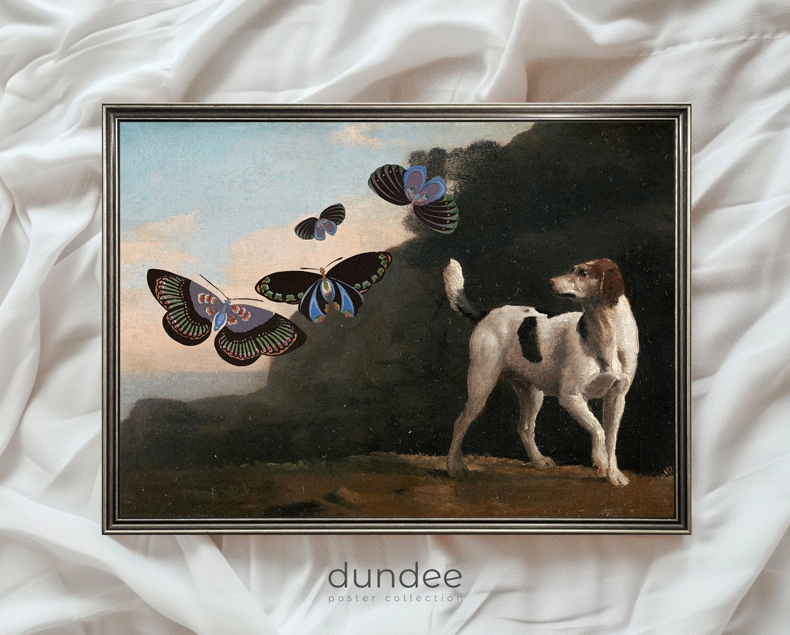 White Dog Giant Butterflies Whimsical Collage Surreal Art Poster