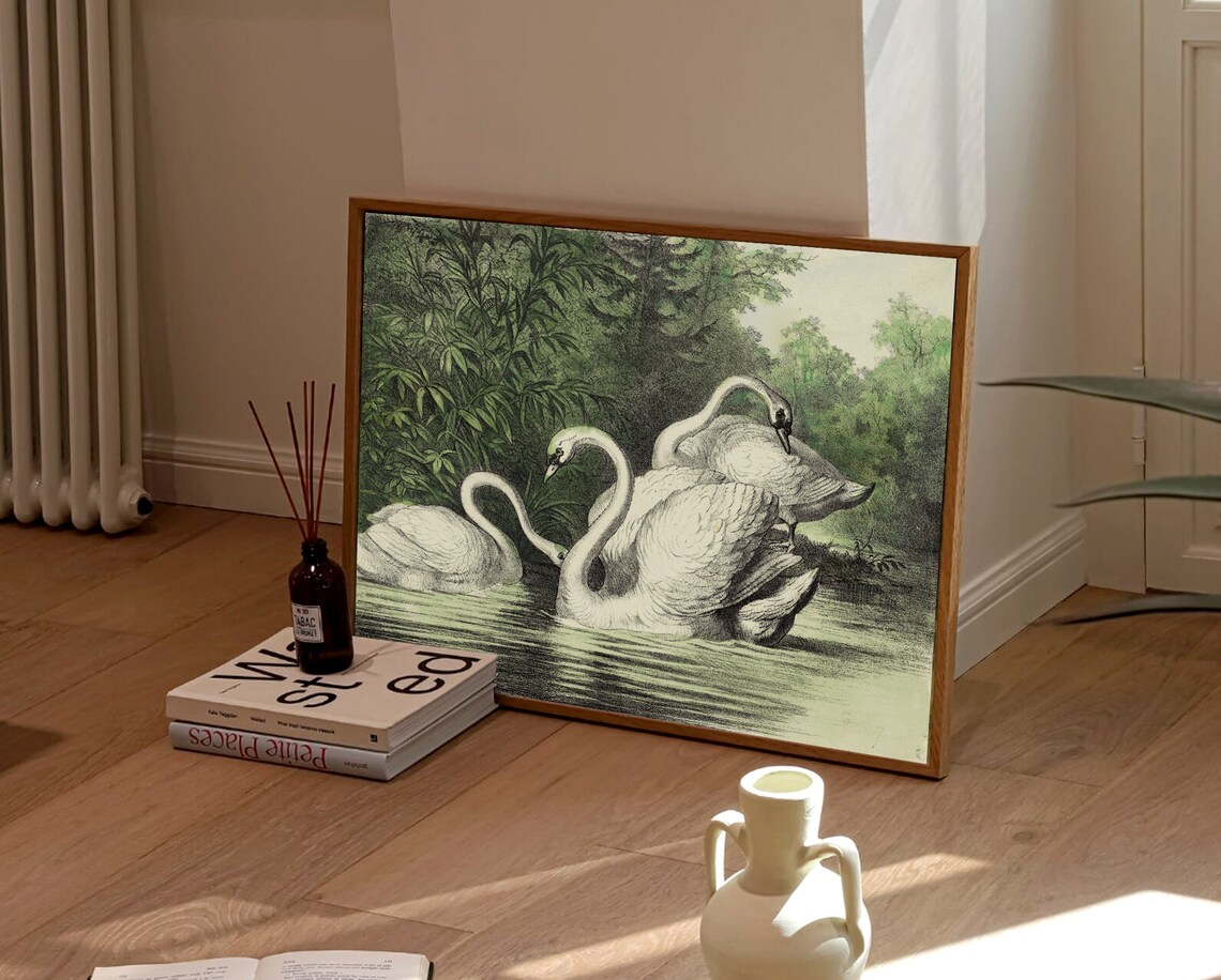 Three Swans on Calm Water Vintage Green Tint Engraving Poster - Image 3