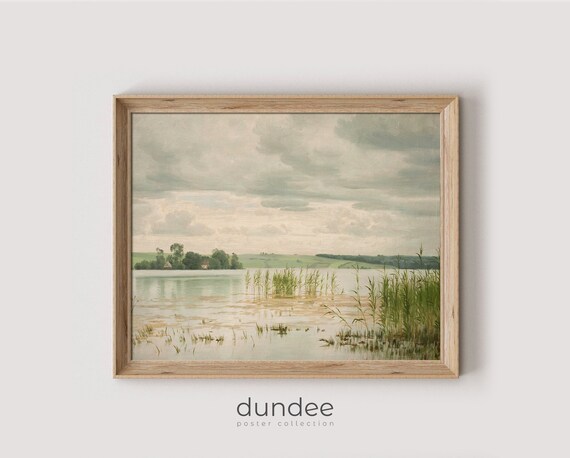 Vintage Marsh Lake Landscape With Reeds Under Cloudy Sky Art Poster