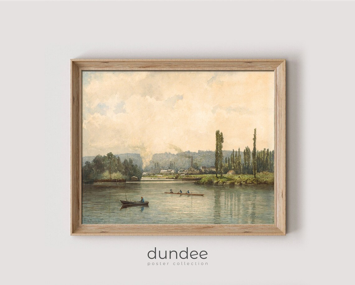 Vintage River Scene With Rowboats And Tall Poplars Lake House Poster