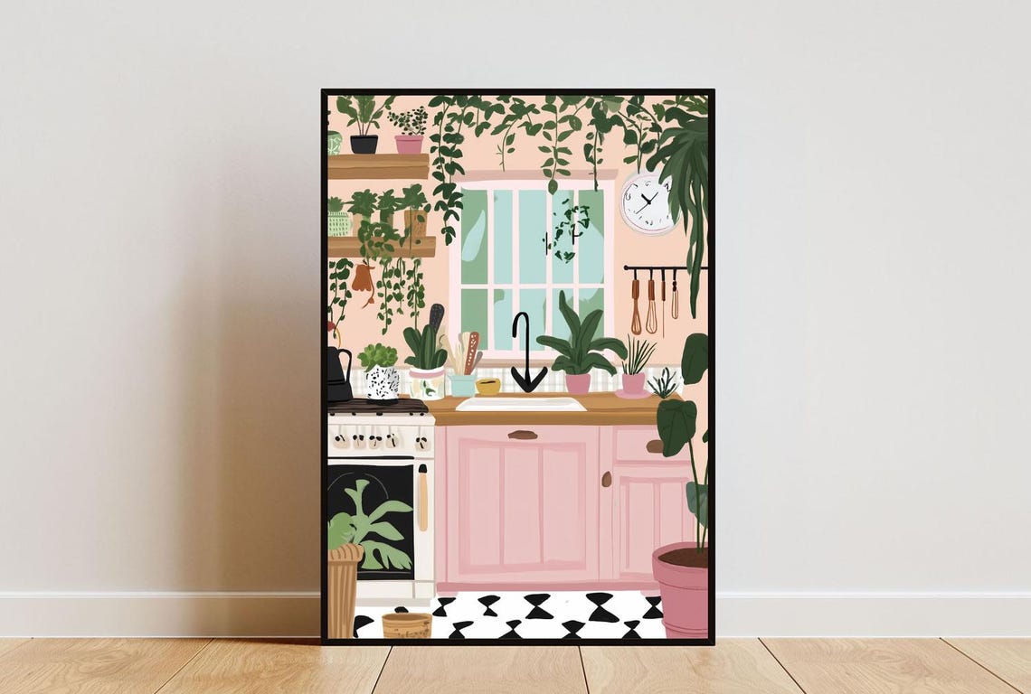 Pink Boho Kitchen Illustration Hanging Plants Vintage Style Poster