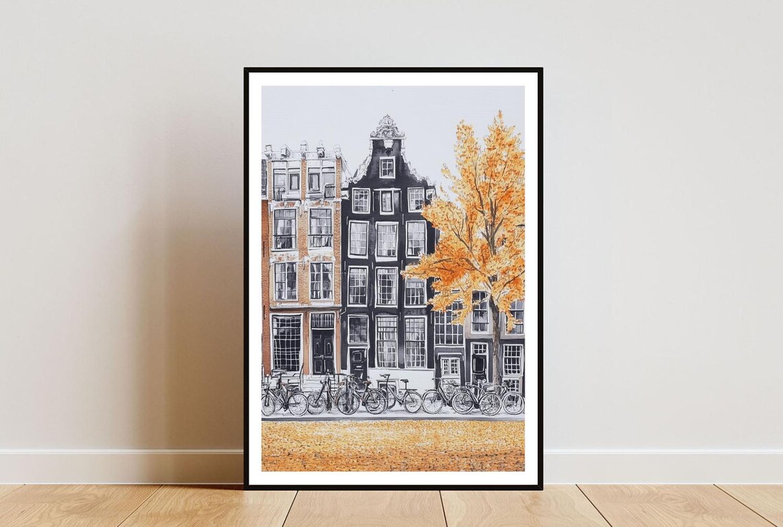 Amsterdam Canal Houses Bicycles Golden Autumn Watercolor Poster