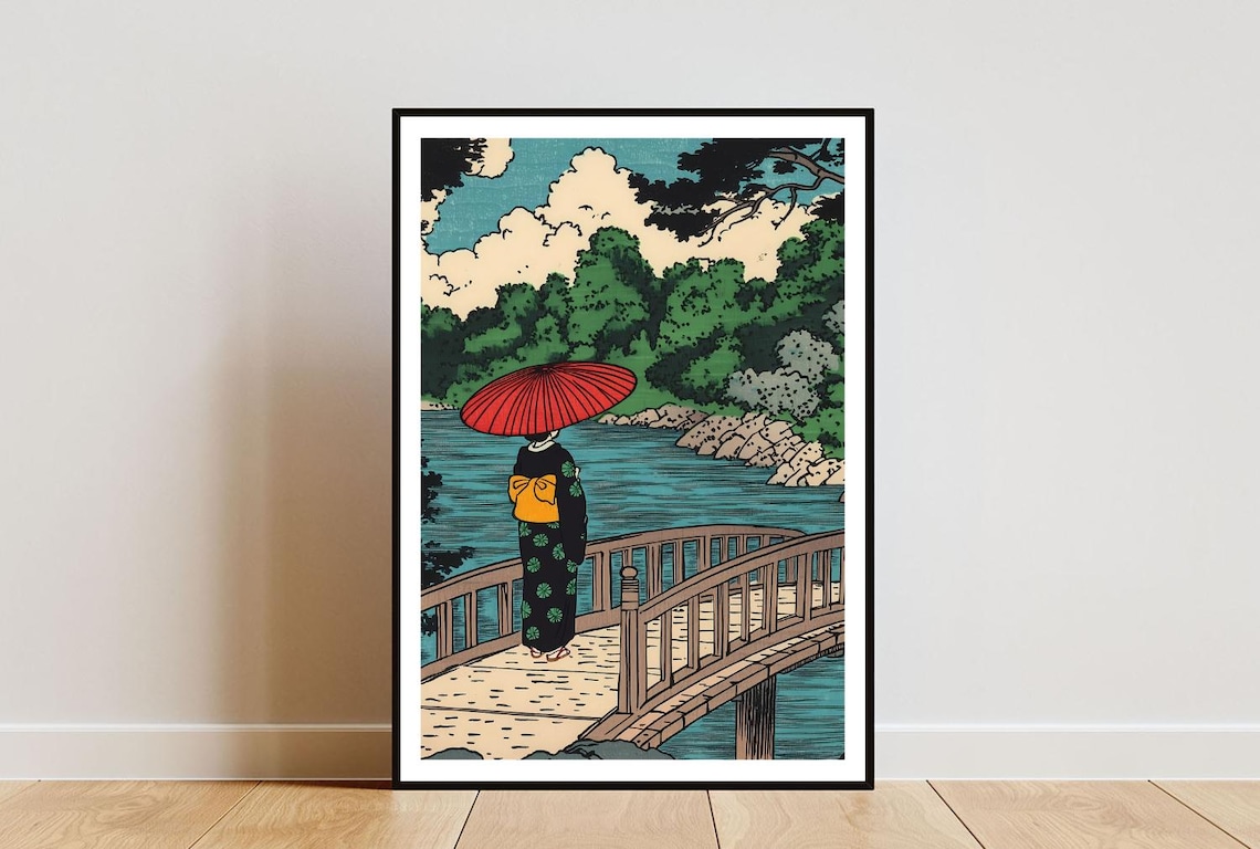 Vintage Japanese Bridge Woodblock Art Print Kimono Wall Decor