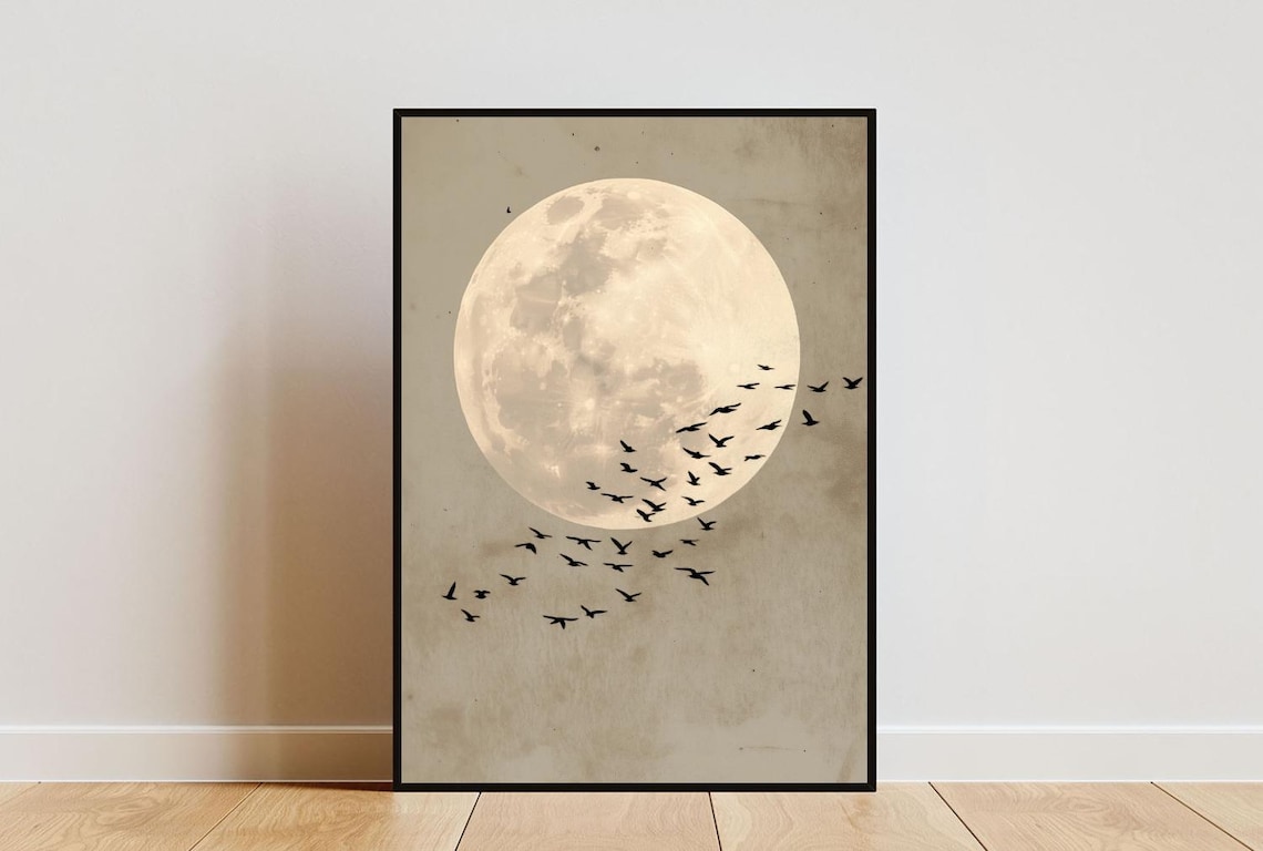 Beige Moon Birds Poster, Neutral Celestial Art Print