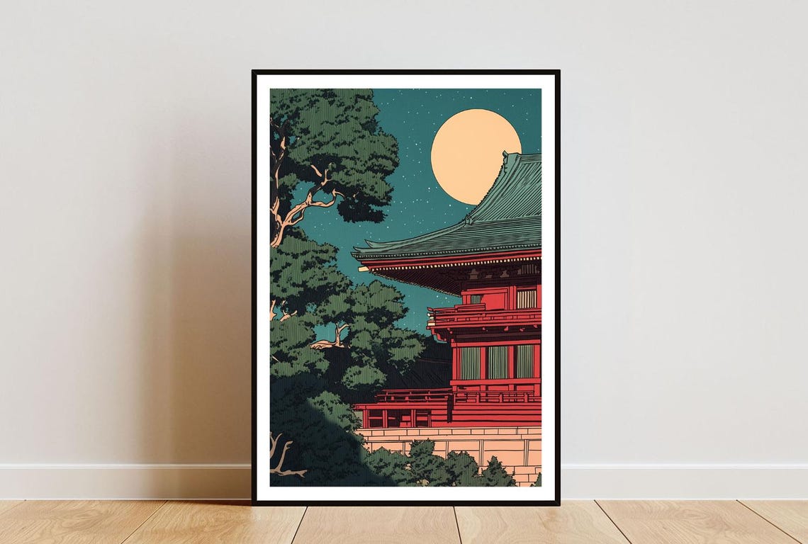 Vintage Japanese Temple Poster Japanese Print Retro Japan Wall Art Japanese Poster Vintage Japanese Night Art Retro Japanese Wall Art