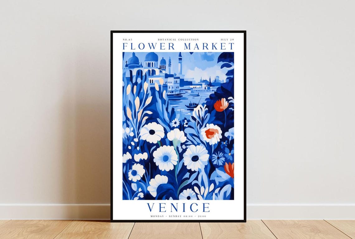 Venice Flower Market Poster Venice Poster Flower Market Print Flower Wall Art Botanical Poster Floral Wall Art Blue Flower Poster