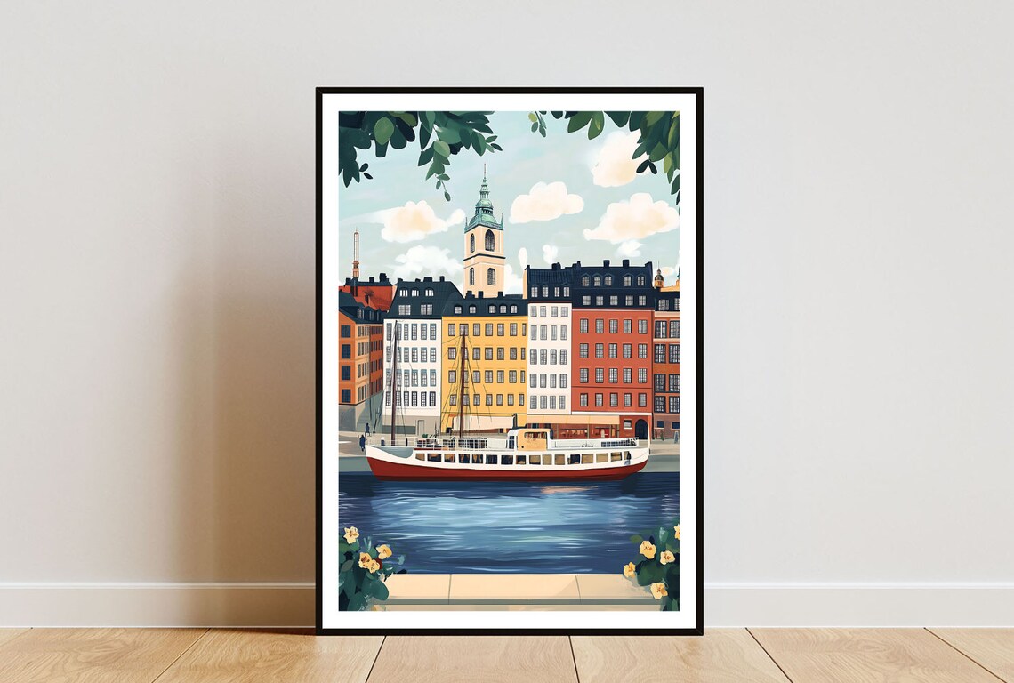 Stockholm Sweden Harbor with Colorful Houses and Boat Poster