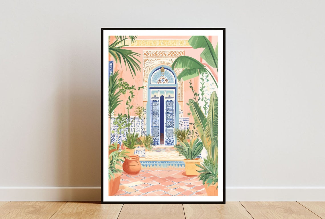 Marrakesh Blue Mosaic Doorway Lush Tropical Plants Art Poster