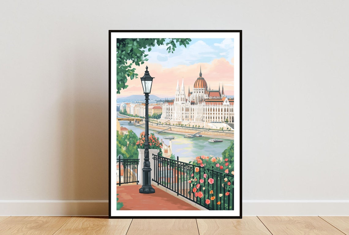 Budapest Hungary Parliament Riverside Sunset Travel View Poster