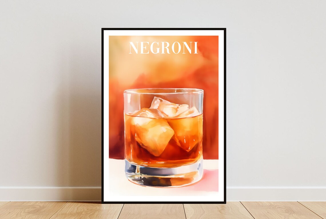 Negroni Cocktail Illustration Amber Rocks Glass Bar Art Poster