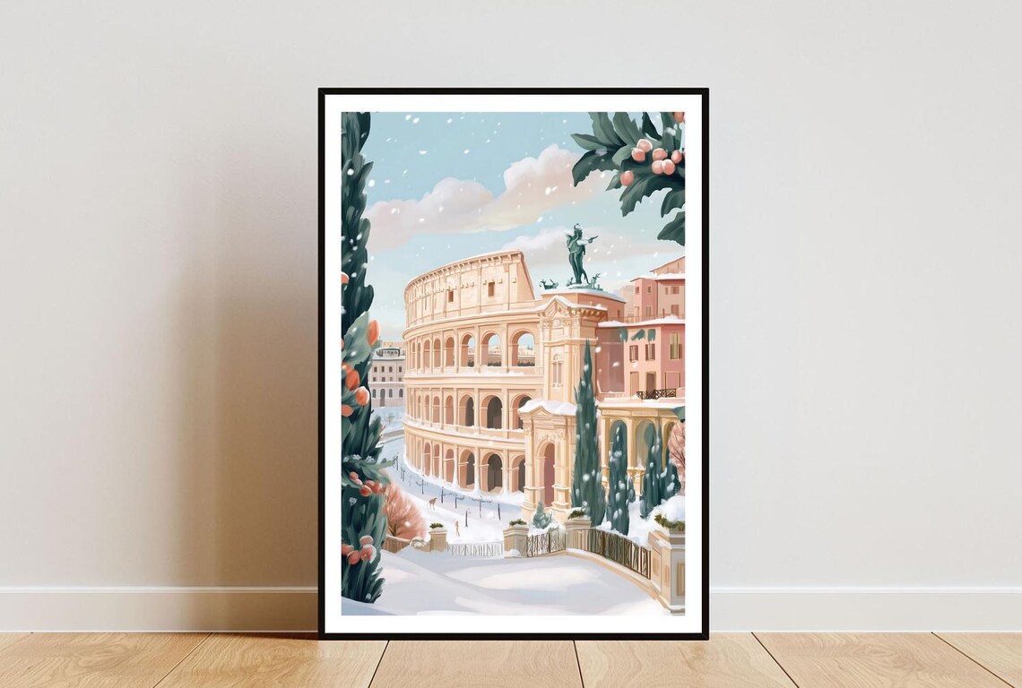 Rome Winter Colosseum Art Print Snowy Italy Travel Wall Decor Scene