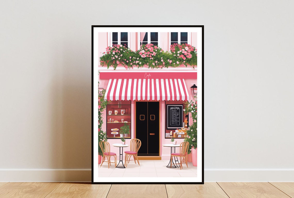 Pink French Cafe Storefront Striped Awning Illustration Poster