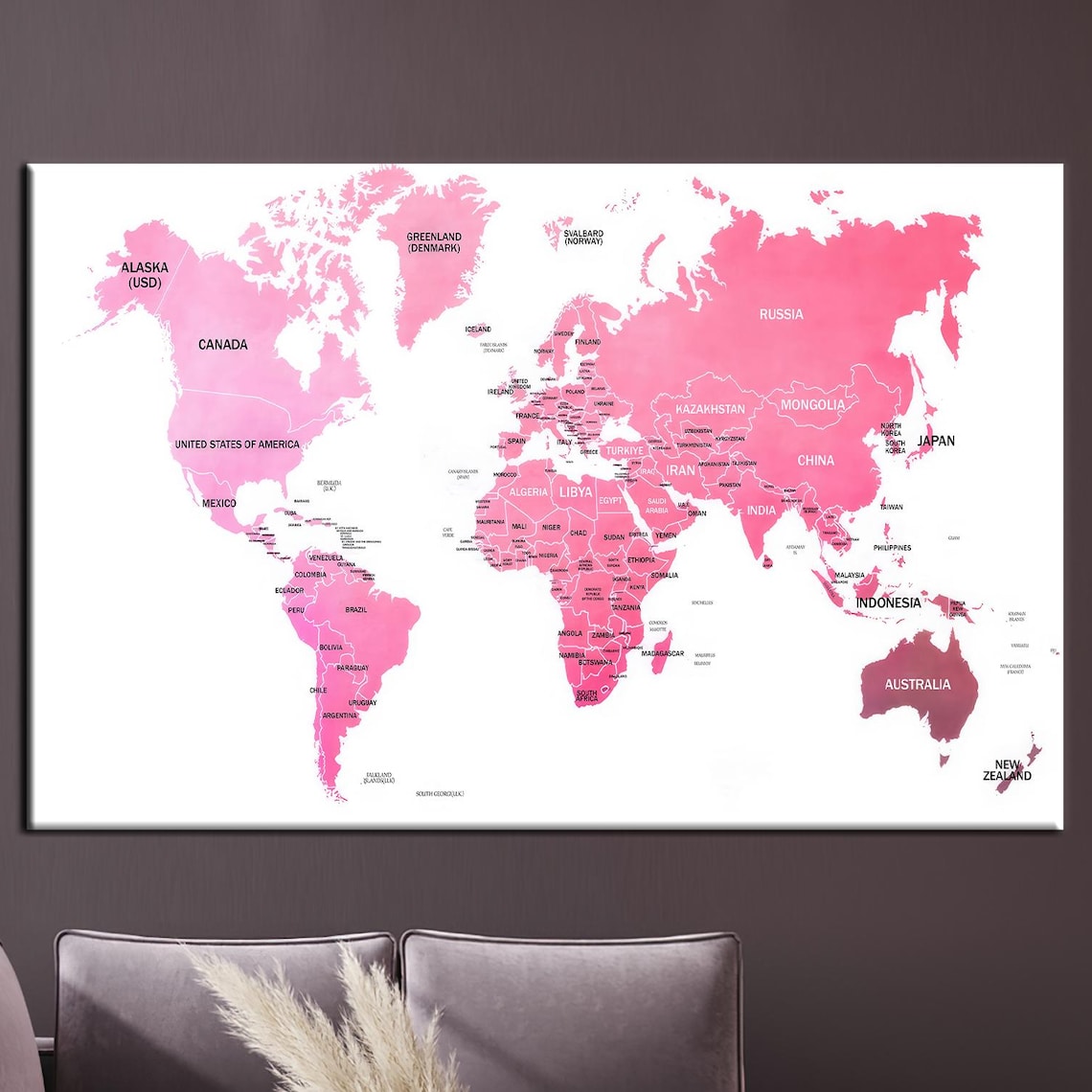 Pink World Map Country Labels Nursery Girls Room Office Wall Art