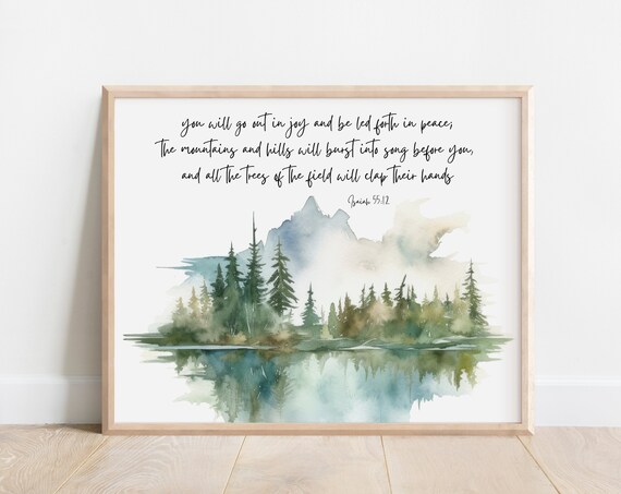 Isaiah 55 12 Watercolor Forest Lake Scripture Verse Wall Art