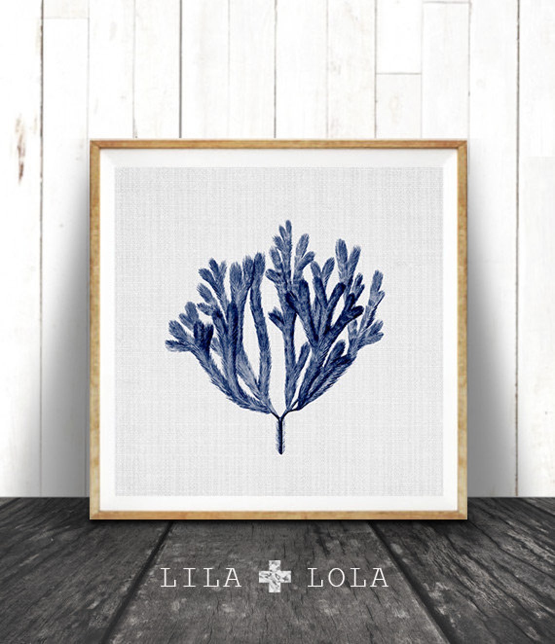 Navy Blue Coral Print, Coastal Seaweed Illustration