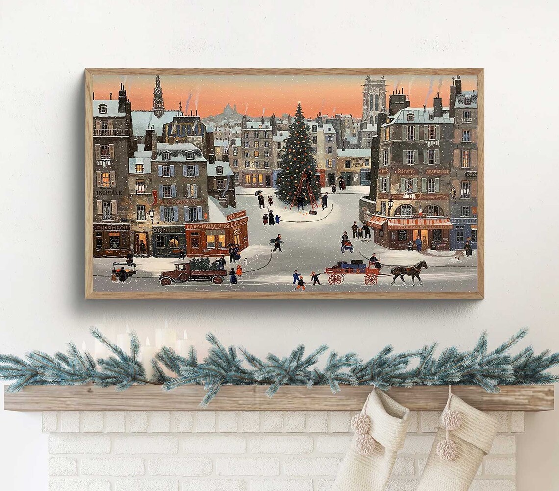 Vintage Christmas Village Town Winter Scene Art Print