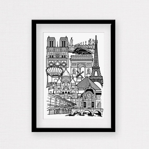 Framed Paris Skyline Print Black And White City Illustration
